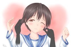 Rule 34 | 1girl, :3, blush, brown eyes, brown hair, collarbone, eyebrows, fuu maumau, grabbing another&#039;s hair, heart, heart background, looking at viewer, miyafuji yoshika, one eye closed, pov, pov hands, short hair, signature, strike witches, upper body, world witches series