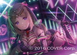 Rule 34 | 1girl, aki rosenthal, black gloves, black thighhighs, breasts, brown hair, chihiro ayaka, circlet, elbow gloves, feet up, full body, garter straps, gloves, grin, high heels, hololive, large breasts, long hair, looking at viewer, lying, neon lights, official art, on stomach, parted bangs, purple eyes, see-through, smile, solo, thighhighs, veil, virtual youtuber