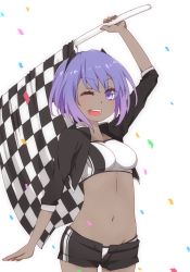 Rule 34 | 1girl, breasts, checkered flag, dark-skinned female, dark skin, fate/grand order, fate/prototype, fate/prototype: fragments of blue and silver, fate (series), flag, hairband, hassan of serenity (fate), i.u.y, looking at viewer, medium breasts, navel, one eye closed, purple eyes, purple hair, race queen, short hair, short shorts, shorts, simple background, smile, solo, white background
