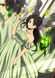 Rule 34 | 1girl, bad id, bad pixiv id, bare shoulders, blurry, brown hair, collarbone, crystal, depth of field, dress, dutch angle, earrings, flower, green dress, green eyes, hair flower, hair ornament, hanging, jewelry, koitsu (blue), long hair, looking at viewer, mirror, necklace, original, reflection, smile, solo, strapless, strapless dress, stud earrings