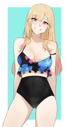 Rule 34 | 1girl, arms behind back, barbell piercing, bikini, black bikini, blonde hair, blue background, blush, border, breasts, collarbone, commentary, cowboy shot, ear piercing, earrings, floral print, frilled bikini, frills, gluteal fold, gradient hair, highres, jewelry, kitagawa marin, large breasts, legs apart, long hair, looking at viewer, mismatched bikini, multicolored hair, noir (4chan), outside border, piercing, print bikini, red eyes, red hair, simple background, smile, solo, sono bisque doll wa koi wo suru, spaghetti strap, standing, strap slip, swimsuit, two-tone hair, white border