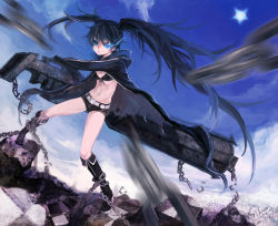 Rule 34 | 10s, 1girl, arm cannon, bad id, bad pixiv id, bikini, bikini top only, black hair, black rock shooter, black rock shooter (character), blue eyes, boots, chain, coat, female focus, full body, glowing, glowing eyes, highres, long hair, navel, outdoors, restrained, scar, shorts, silverwing, sky, solo, swimsuit, twintails, uneven twintails, very long hair, weapon