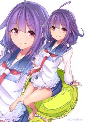 Rule 34 | 1girl, ahoge, apron, barefoot, blue skirt, frilled apron, frills, full body, hair flaps, highres, kantai collection, long hair, looking at viewer, low twintails, magatama, multiple views, neckerchief, pleated skirt, purple hair, red eyes, red neckerchief, school uniform, serafuku, shinomu (cinomoon), simple background, sitting, skirt, smile, solo, taigei (kancolle), twintails, upper body, whale, white background, zoom layer