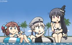 Rule 34 | 3girls, asagumo (kancolle), beach umbrella, bikini, black hair, blue eyes, blue sky, brown hair, casual one-piece swimsuit, commentary request, dated, day, fusou (kancolle), gradient sky, grey eyes, hair ornament, hair ribbon, hair rings, hamu koutarou, hat, highres, innertube, kantai collection, long hair, multiple girls, one-hour drawing challenge, one-piece swimsuit, outdoors, palm tree, poolside, red eyes, ribbon, sailor bikini, sailor collar, sailor hat, short hair, silver hair, sky, swim ring, swimsuit, tree, tupet, twintails, umbrella, water, white bikini, white headwear, white one-piece swimsuit, z1 leberecht maass (kancolle)