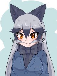 Rule 34 | 1girl, :3, animal ears, aramaru, black hair, blue jacket, blush, bow, bowtie, breasts, brown eyes, closed mouth, commentary request, drooling, extra ears, eyelashes, female focus, fox ears, fox girl, grey hair, hair sucking, highres, jacket, japanese text, kemono friends, long hair, multicolored hair, silver fox (kemono friends), simple background, smile, solo, standing, sucking on hair, upper body