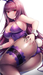 Rule 34 | 1girl, absurdres, animal ears, ass, ass grab, breasts, detached collar, fake animal ears, fake tail, fate/grand order, fate (series), fishnet pantyhose, fishnets, hair intakes, hairband, highleg, highleg leotard, highres, large breasts, leotard, long hair, nano (syoutamho), official alternate costume, pantyhose, playboy bunny, purple hair, purple hairband, purple leotard, purple neckwear, rabbit ears, rabbit tail, scathach (fate), scathach (piercing bunny) (fate), simple background, smile, solo, strapless, strapless leotard, tail, wrist cuffs