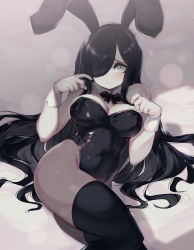 Rule 34 | 1girl, aria wintermint, arms up, black bow, black bowtie, black hair, blush, bow, bowtie, breasts, cleavage, detached collar, grey eyes, leotard, long hair, looking at viewer, medium breasts, muted color, nervous, original, pale skin, pantyhose, parororo, playboy bunny, solo, thighhighs, very long hair