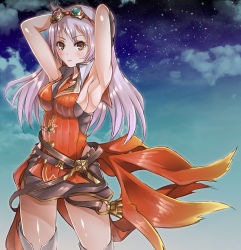 Rule 34 | 1girl, armpits, arms behind head, arms up, arnas (yoru no nai kuni), bad id, bad pixiv id, belt, blush, breasts, brown eyes, expressionless, goggles, goggles on head, gradient background, kazetuki, large breasts, light purple hair, long hair, looking at viewer, miniskirt, necktie, red necktie, shirt, sideboob, silver hair, skirt, sleeveless, sleeveless shirt, solo, thighhighs, yoru no nai kuni
