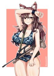 Rule 34 | 1girl, absurdres, animal ears, arm up, assault rifle, bikini, blue bikini, border, breasts, brown hair, bullpup, camouflage, camouflage bikini, cleavage, closed eyes, closed mouth, commission, gun, highres, imaizumi kagerou, looking at viewer, navel, noonnoon531, pink background, pixiv commission, red eyes, rifle, solo, steyr aug, swimsuit, tail, touhou, weapon, white border, wolf ears, wolf girl, wolf tail