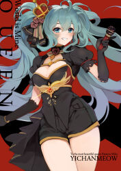 Rule 34 | 1girl, absurdres, artist name, blue eyes, blue hair, bracelet, breasts, brooch, cleavage, cleavage cutout, clothing cutout, commentary, cowboy shot, crown, elbow gloves, english commentary, english text, flower, flower brooch, glint, gloves, grin, hair flower, hair ornament, hatsune miku, highres, holding, holding microphone, jewelry, long hair, looking at viewer, medium breasts, microphone, mini crown, puffy short sleeves, puffy sleeves, red background, rose, short shorts, short sleeves, shorts, smile, solo, twintails, very long hair, vocaloid, world is mine (vocaloid), yichenzijihuweijian