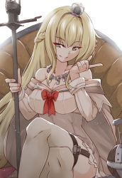 Rule 34 | 10s, 1girl, bare shoulders, blonde hair, blue eyes, braid, breasts, cleavage, crossed legs, crown, french braid, garter straps, grin, hairband, highres, jewelry, kantai collection, large breasts, long hair, long sleeves, necklace, sitting, smile, solo, staff, thighhighs, warspite (kancolle), white thighhighs, wo jianqiang fu guo