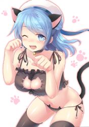 Rule 34 | 10s, 1girl, animal ears, bare shoulders, bell, blue eyes, blue hair, blush, bra, breasts, cat ears, cat lingerie, cleavage, cleavage cutout, clothing cutout, fang, hat, izumi akane, jingle bell, kantai collection, large breasts, long hair, looking at viewer, matching hair/eyes, meme attire, navel, one eye closed, open mouth, panties, side-tie panties, smile, solo, tail, thighhighs, underwear, urakaze (kancolle), white hat