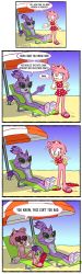 Rule 34 | 2girls, 4koma, absurdres, adjusting eyewear, amy rose, animal ears, arms behind back, arms behind head, arms up, artist name, bare shoulders, beach, beach chair, bikini, bikini skirt, blaze the cat, blue sky, bottomless, cat tail, closed mouth, comic, day, english text, artistic error, fang, fedoragato, female focus, flat chest, forehead jewel, full body, furry, furry female, gloves, green eyes, hairband, hand on own hip, hand up, happy, heart, heart-shaped sunglasses, heart print, highres, knee up, leaning back, looking at another, looking down, midriff, miniskirt, multiple girls, multiple views, no nipples, no pussy, nude, open mouth, outdoors, outline, pink hair, pointing, purple hair, red-framed eyewear, red bikini, red footwear, red hairband, red skirt, sand, sandals, short hair, sitting, skirt, sky, smile, sonic (series), speech bubble, standing, sunglasses, swimsuit, tail, talking, text focus, third-party edit, tongue, tongue out, topknot, twitter username, undressing, watermark, white footwear, white gloves, yellow-framed eyewear