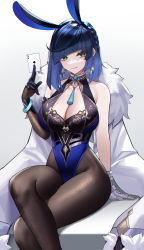 Rule 34 | 1girl, ace (playing card), ace of hearts, ace of spades, adapted costume, animal ears, arm support, asymmetrical gloves, bare shoulders, black pantyhose, blue hair, blunt bangs, bob cut, bracelet, braid, breasts, card, cleavage, closed mouth, coat, coat on shoulders, commentary, crossed legs, diagonal bangs, earrings, elbow gloves, eternity (shadeh), fake animal ears, fingerless gloves, fingernails, fur trim, genshin impact, gloves, gradient hair, green eyes, hair ornament, halterneck, hand up, heart, highleg, highleg leotard, highres, holding, jewelry, large breasts, leotard, looking at viewer, medium breasts, mole, mole on breast, multicolored hair, nail polish, pantyhose, playboy bunny, playing card, rabbit ears, short hair, simple background, sitting, sleeveless, smile, spade (shape), thighs, two-tone hair, white background, yelan (genshin impact)
