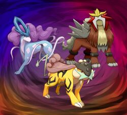 Rule 34 | claws, creatures (company), entei, fangs, from side, game freak, gen 2 pokemon, legendary pokemon, looking at viewer, looking to the side, nintendo, no humans, orange eyes, pokemon, pokemon (creature), raikou, red eyes, risutokuri, standing, suicune, tusks