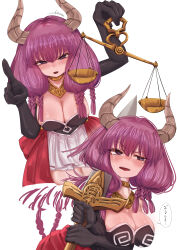 Rule 34 | 1girl, absurdres, aura (sousou no frieren), balance scale, bare shoulders, black gloves, blue eyes, blush, braid, breasts, choker, cleavage, collarbone, crying, crying with eyes open, cutting hair, demon girl, demon horns, elbow gloves, gloves, gold necklace, highres, holding, holding scale, holding sword, holding weapon, horns, imminent death, imminent suicide, index finger raised, jewelry, large breasts, long hair, looking at viewer, looking to the side, necklace, open mouth, pink hair, skirt, sousou no frieren, spoilers, sword, sword to throat, tears, thighs, waist cape, weapon, weighing scale, white skirt