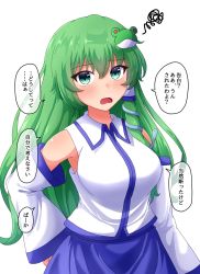 Rule 34 | 1girl, breasts, commentary request, detached sleeves, frog hair ornament, fusu (a95101221), green eyes, green hair, hair between eyes, hair ornament, kochiya sanae, large breasts, long hair, looking at viewer, simple background, snake hair ornament, solo, speech bubble, touhou, translation request, white background