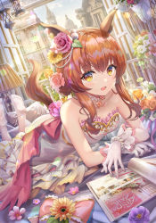 Rule 34 | 1girl, :d, animal ears, bare shoulders, breasts, brown hair, city, collarbone, commentary request, dress, flower, gloves, hair flower, hair ornament, highres, horse ears, horse girl, horse tail, long hair, looking at viewer, lying, mayano top gun (sunlight bouquet) (umamusume), mayano top gun (umamusume), no shoes, on stomach, open mouth, outdoors, pantyhose, pink flower, purple flower, red flower, smile, solo, strapless, strapless dress, tail, the pose, torino aqua, umamusume, white dress, white gloves, white pantyhose, yellow flower