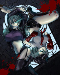 Rule 34 | 2girls, back-to-back, between fingers, blood, boots, breasts, covered erect nipples, cropped jacket, garter straps, gloves, green eyes, green hair, hat, holding, knife, large breasts, long hair, mafu uko, midriff, mouth hold, multiple girls, navel, necktie, pale skin, peaked cap, shirt, short hair, short shorts, shorts, siblings, sisters, taut clothes, taut shirt, thighhighs, triple wielding, yurikawa midori, yurikawa saki, zombie, zombie-ya reiko