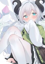 Rule 34 | 1girl, aqua eyes, bag, blush, covering own mouth, curled horns, eip (pepai), green vest, grey hair, highres, horns, long hair, long sleeves, looking at viewer, low twintails, original, pantyhose, pleated skirt, sitting, skirt, solo, twintails, very long hair, vest, white pantyhose, white skirt