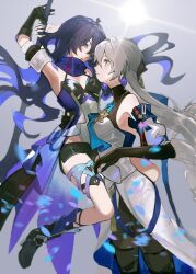 Rule 34 | 2girls, arm up, armpits, bare shoulders, black gloves, black shorts, blue eyes, breasts, bronya rand, chinese commentary, couple, earrings, elbow gloves, full body, gloves, grey eyes, grey hair, highres, holding, holding scythe, holding weapon, honkai: star rail, honkai (series), jewelry, lens flare, long hair, looking at another, mie xing, multiple girls, parted lips, scythe, seele (honkai: star rail), short shorts, shorts, small breasts, smile, weapon, yuri