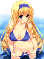 Rule 34 | 10s, 1girl, absurdres, bikini, bikini pull, blonde hair, blue bikini, blue eyes, blush, breasts, cecilia alcott, censored, clothes pull, drill hair, hairband, highres, infinite stratos, large breasts, long hair, looking away, mosaic censoring, navel, open mouth, pulled by self, scan, shintarou, shiny skin, soaking feet, solo, swimsuit, twin drills, twintails, wading, water