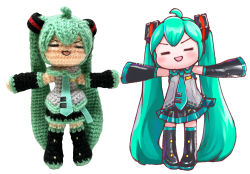 Rule 34 | 1girl, = =, ahoge, aqua hair, aqua necktie, bare shoulders, black skirt, black sleeves, black thighhighs, blush, chibi, chibi miku (mayo riyo), closed eyes, commentary, crochet, detached sleeves, doll, facing viewer, full body, grey shirt, hair ornament, hatsune miku, holding hands, long hair, mayo riyo, miniskirt, necktie, open mouth, outstretched arms, pleated skirt, shirt, skirt, sleeveless, sleeveless shirt, smile, standing, thighhighs, twintails, v-shaped eyebrows, very long hair, vocaloid, zettai ryouiki
