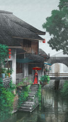 Rule 34 | 1girl, architecture, black cape, black hair, bridge, bush, cape, chinese commentary, commentary request, dress, east asian architecture, flower pot, grass, highres, holding, house, lantern, long hair, original, plant, rain, red dress, red umbrella, reflection, reflective water, river, rooftop, scenery, sky, solo, stairs, stone stairs, tree, umbrella, water drop, xingzhi lv
