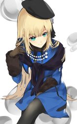 Rule 34 | 1girl, absurdres, black hat, black pantyhose, blonde hair, blue eyes, blue jacket, brown gloves, commentary request, fate/grand order, fate (series), flower, from above, gloves, grey flower, hair ornament, hat, highres, jacket, long hair, long sleeves, looking at viewer, lord el-melloi ii case files, moonlaw, pantyhose, reines el-melloi archisorte, smile, solo