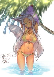Rule 34 | 1girl, animal ear fluff, animal ears, armpits, arms up, bikini, black eyes, blush, breasts, cleavage, closed mouth, dated, forehead, fox ears, fox tail, head tilt, herio, large breasts, long hair, navel, one eye closed, original, palm tree, pink shirt, ribbon, shade, shirt, side-tie bikini bottom, signature, silver hair, simple background, solo, standing, swimsuit, tail, tattoo, thighhighs, tree, twitter username, undressing, very long hair, wading, water, white background, yellow bikini, yellow eyes, yellow ribbon