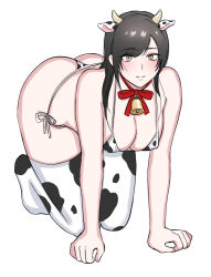 Rule 34 | 1girl, animal ears, animal print, bare shoulders, bell, bikini, black hair, blush, breasts, cow ears, cow girl, cow print, cowbell, eyebrows hidden by hair, fake animal ears, fake horns, horns, ikinariya, large breasts, looking at viewer, original, ribbon, simple background, smile, solo, swimsuit, thighhighs, white background