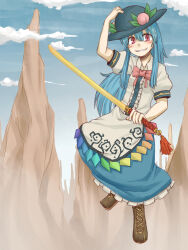 Rule 34 | 1girl, apron, black hat, blue hair, blue skirt, blue sky, blush, boots, bow, bowtie, brown footwear, center frills, cloud, collared shirt, commentary request, cross-laced footwear, day, flat chest, frilled skirt, frills, full body, grin, hair between eyes, hand on headwear, hat, highres, hinanawi tenshi, holding, holding sword, holding weapon, kuri dora, leaf hat ornament, long bangs, long hair, looking at viewer, mountain, outdoors, peach hat ornament, pink bow, pink bowtie, puffy short sleeves, puffy sleeves, rainbow gradient, red eyes, shirt, short sleeves, skirt, sky, smile, solo, sword, sword of hisou, touhou, waist apron, weapon, white apron, white shirt