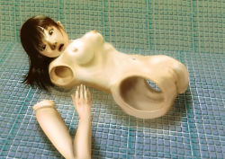 Rule 34 | 1girl, amputee, asian, borusen, breasts, cleft of venus, completely nude, disembodied hand, doll joints, full body, hole on body, joints, lips, long hair, looking to the side, lying, medium breasts, navel, nipples, nude, on back, open mouth, pussy, quadruple amputee, small breasts, solo, tagme, tile floor, tile wall, tiles, uncensored, what