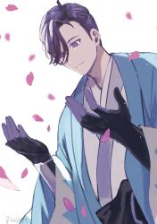 Rule 34 | 1boy, arm guards, black gloves, black hair, black sash, blue jacket, falling petals, fate/grand order, fate (series), gloves, hair over one eye, hair pulled back, hands up, haori, highres, jacket, japanese clothes, kimidorix32, kimono, light particles, looking down, male focus, petals, purple eyes, sash, shinsengumi, simple background, smile, solo, upper body, white background, white kimono, yamanami keisuke (fate)