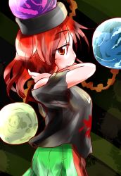 Rule 34 | 1girl, bare shoulders, breasts, chain, clothes writing, earth (ornament), hecatia lapislazuli, highres, large breasts, moon (ornament), multicolored clothes, multicolored skirt, off shoulder, profile, red eyes, red hair, rokugou daisuke, skirt, solo, touhou
