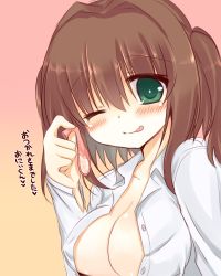 Rule 34 | 1girl, aoki kaede, aoki momiji, bad id, bad pixiv id, blush, breasts, brown hair, cleavage, condom, green eyes, large breasts, naked shirt, one eye closed, open clothes, open shirt, original, shirt, smile, solo, suzunone rena, tongue, tongue out, translation request, used condom, wink