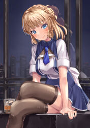 Rule 34 | 1girl, alcohol, blue eyes, blue necktie, blue skirt, braid, breasts, brown thighhighs, commentary request, crown braid, feet out of frame, glass, hair bun, highres, kantai collection, light brown hair, long hair, mayura (lucadia), medium breasts, medium hair, necktie, ranger (kancolle), reflection, sitting, skirt, smile, solo, thighhighs, two-tone dress, whiskey, window