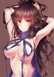 Rule 34 | 1girl, absurdres, armpits, arms up, artist name, backless dress, backless outfit, blush, breasts, brown background, brown eyes, brown hair, cleavage, closed mouth, drawstring, dress, girls&#039; frontline, halterneck, hands in hair, highres, large breasts, long hair, looking at viewer, meme attire, naked sweater, nishiro ryoujin, ribbed sweater, simple background, smile, solo, sweater, sweater dress, turtleneck, turtleneck sweater, type 95 (girls&#039; frontline), upper body, virgin killer sweater, wardrobe error, watermark, wavy hair