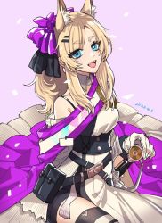 Rule 34 | 1girl, animal ear fluff, animal ears, aqua eyes, arknights, belt, blonde hair, bow, dated, dress, gloves, hair bow, hand on hilt, horse ears, horse girl, long hair, looking at viewer, nishi juuji, official alternate costume, open mouth, pink background, ponytail, purple bow, sitting, smile, sword, weapon, whislash (arknights), whislash (glory purple) (arknights), white gloves