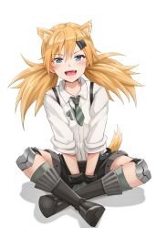 Rule 34 | 1girl, animal ears, black footwear, black shorts, blonde hair, blue eyes, blush, boots, breasts, cat ears, cat tail, crossed ankles, dog tags, fang, girls&#039; frontline, gloves, green socks, hair between eyes, hair ornament, hairclip, highres, hip vent, idw (girls&#039; frontline), knee pads, kneehighs, long hair, looking at viewer, low twintails, necktie, open mouth, shirt, shorts, sidelocks, simple background, sitting, small breasts, smile, socks, solo, springveiv, suspenders, tail, twintails, white background, white shirt