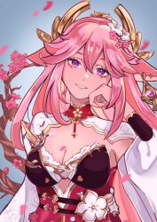 Rule 34 | 1girl, :d, animal ears, arisadraws01, blue background, breasts, cherry blossoms, chinese clothes, cleavage, cleavage cutout, clothing cutout, company connection, cosplay, crossover, earrings, elysia (herrscher of human:ego) (honkai impact), elysia (herrscher of human:ego) (honkai impact) (cosplay), elysia (honkai impact), fox ears, genshin impact, grin, highres, honkai (series), honkai impact 3rd, jewelry, long hair, long sleeves, looking at viewer, medium breasts, mihoyo, open mouth, pink hair, purple eyes, smile, solo, teeth, upper body, very long hair, yae miko