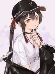 Rule 34 | 1girl, alternate costume, baseball cap, black choker, black hat, black jacket, black nails, bracelet, casual, choker, closed mouth, colored tips, contemporary, finger to own chin, floral print, flower-shaped pupils, genshin impact, hair between eyes, hand up, hat, highres, hu tao (genshin impact), jacket, jacket partially removed, jewelry, long hair, long sleeves, looking at viewer, lycsakd, multicolored hair, pendant, red eyes, red hair, shirt, smile, solo, symbol-shaped pupils, t-shirt, twintails, upper body, white shirt