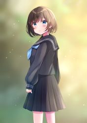 Rule 34 | 1girl, bad id, bad pixiv id, black sailor collar, black serafuku, black shirt, black skirt, blue eyes, blue neckwear, blurry, blurry background, blush, brown hair, closed mouth, commentary request, depth of field, hair between eyes, highres, long sleeves, looking at viewer, looking to the side, minami saki, original, puffy long sleeves, puffy sleeves, sailor collar, school uniform, serafuku, shirt, skirt, sleeves past wrists, solo, standing