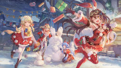 Rule 34 | 4girls, alternate costume, amber (genshin impact), ankle boots, blonde hair, blue eyes, blue hair, boots, box, breasts, brown eyes, brown footwear, brown hair, christmas, christmas ornaments, cleavage, commentary request, criin (659503), detached sleeves, ganyu (genshin impact), genshin impact, gift, gift box, gloves, highres, house, jean (genshin impact), long hair, lumine (genshin impact), medium breasts, multiple girls, official art, one eye closed, open mouth, paimon genshin7, pantyhose, purple eyes, red legwear, smile, snow, snowman, thigh boots, thighhighs, very long hair, white legwear, yellow eyes