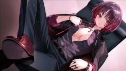 1girl belt black_belt black_hair black_pants black_shirt breasts cleavage clothes_grab commentary_request gradient_hair highres jacket jewelry kisaragi_ren_(vtuber) kuroi_suna long_sleeves looking_at_viewer medium_breasts multicolored_hair multiple_rings necklace necktie necktie_grab neckwear_grab no_bra on_chair open_clothes open_jacket pants parted_lips partially_unbuttoned pulling_own_clothes red_footwear red_hair red_necktie ring shirt short_hair sitting sleeves_rolled_up solo standing virtual_youtuber vspo! white_background