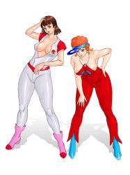 Rule 34 | 1980s (style), 2girls, afro, bare shoulders, bell-bottoms, bent over, blue eyes, blush, bodysuit, boots, breasts, breasts apart, brown hair, cameltoe, cleavage, crossover, curvy, eyelashes, fingernails, gyakuten! ippatsuman, hair ribbon, halterneck, hand on head, hand on thigh, haruyama kazunori, head mirror, high heels, himeguri koyomi, hip focus, houmu ran, jpeg artifacts, large breasts, long fingernails, looking at viewer, multiple girls, nail polish, no bra, o-ring, o-ring top, oldschool, open clothes, open mouth, orange hair, pants, pink nails, retro artstyle, ribbon, shadow, shoes, short hair, sideboob, simple background, skin tight, spread legs, standing, thick thighs, thighs, time bokan (series), white background, wide hips, yattodetaman, zen and retro