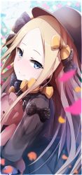 Rule 34 | 1girl, abigail williams (fate), bad id, bad pixiv id, black bow, black dress, black hat, blonde hair, blue eyes, blurry, blurry background, bow, closed mouth, day, depth of field, dress, fate/grand order, fate (series), forehead, from side, hair bow, hat, highres, hugging object, long hair, long sleeves, looking at viewer, looking to the side, orange bow, outdoors, parted bangs, polka dot, polka dot bow, sleeves past wrists, smile, solo, stuffed animal, stuffed toy, teddy bear, very long hair, wada kazu