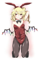 Rule 34 | 1girl, animal ears, arm behind head, armpits, bare shoulders, black bow, black bowtie, black footwear, black pantyhose, blonde hair, bow, bowtie, breasts, cleavage, covered navel, detached collar, fake animal ears, flandre scarlet, full body, highres, kneeling, kz oji, leotard, long hair, looking at viewer, pantyhose, playboy bunny, rabbit ears, red eyes, shiny clothes, shoes, side ponytail, small breasts, solo, touhou, wings