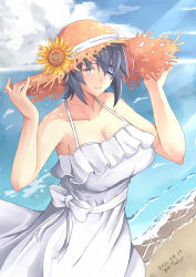 Rule 34 | 1girl, alternate costume, beach, blue sky, breasts, day, dress, eyepatch, hat, highres, kantai collection, large breasts, looking at viewer, ocean, outdoors, purple hair, short hair, sky, sleeveless, sleeveless dress, smile, solo, spaghetti strap, straw hat, sun hat, sundress, taira yuuki, tenryuu (kancolle), white dress, yellow eyes