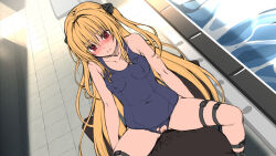 Rule 34 | 1boy, 1girl, bare shoulders, blonde hair, blush, breasts, collarbone, covered erect nipples, covered navel, hetero, konjiki no yami, long hair, medium breasts, red eyes, school swimsuit, sex, sitting, skindentation, solo focus, swimsuit, thigh strap, tile floor, tiles, to love-ru, torn clothes, torn swimsuit, touchuu kasou, water